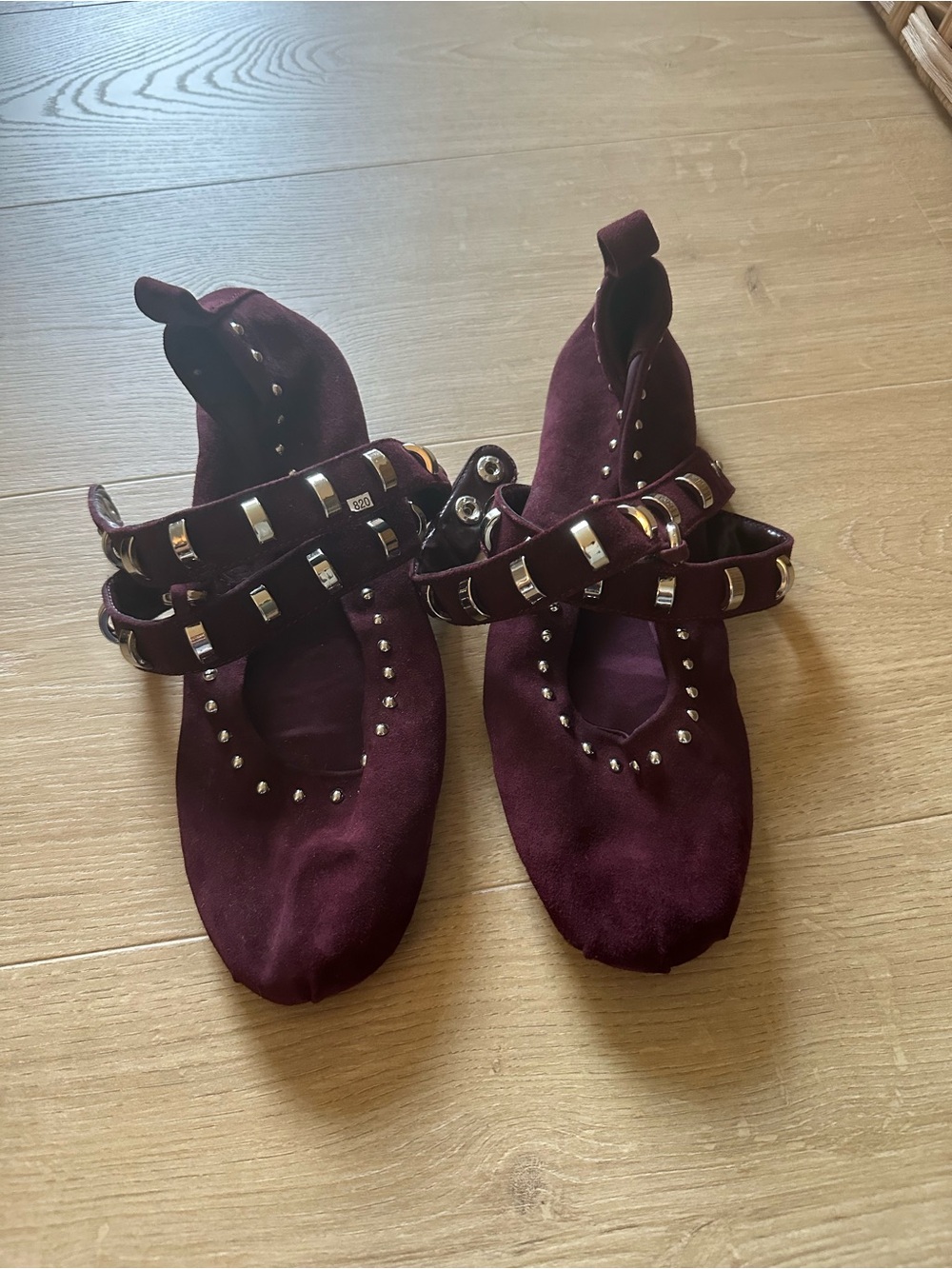 Zara Burgundy Suede Studded Ballet Flats with Straps
